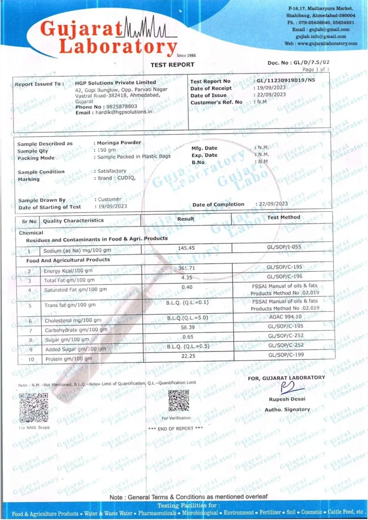 Lab test report of Moringa Powder