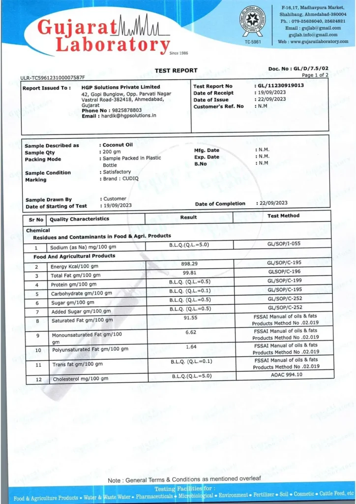 Lab test report of cold pressed coconut oil