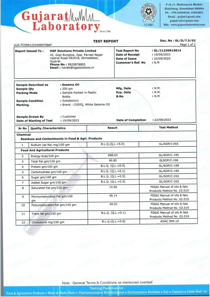 Lab test report of cold pressed sesame oil